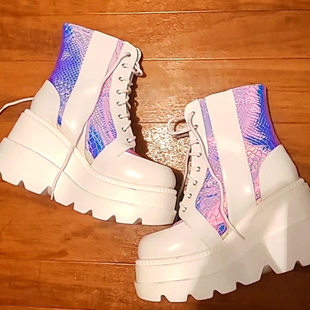 White and irredecent platform rave boots